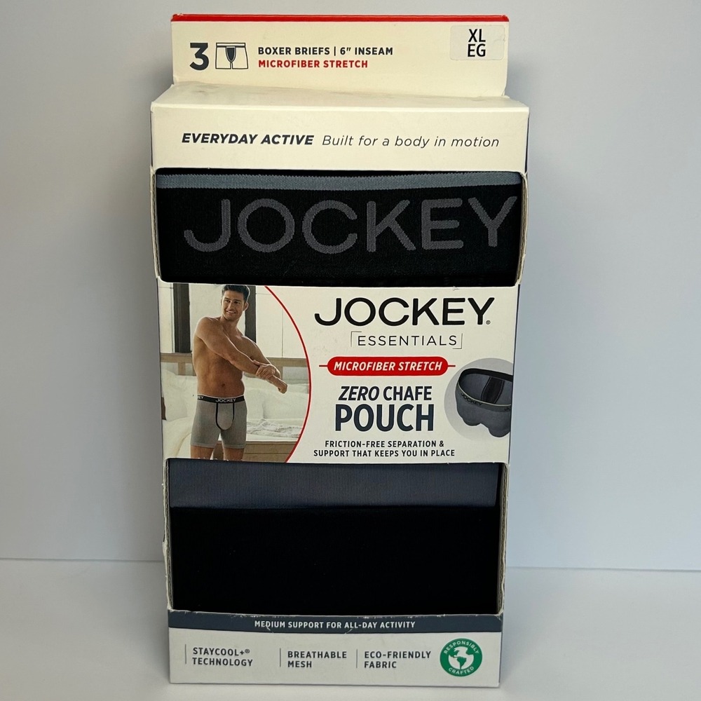 Jockey Essentials 3 Pack Men XL Boxer Briefs 6in Zero Chafe Pouch Microfiber New